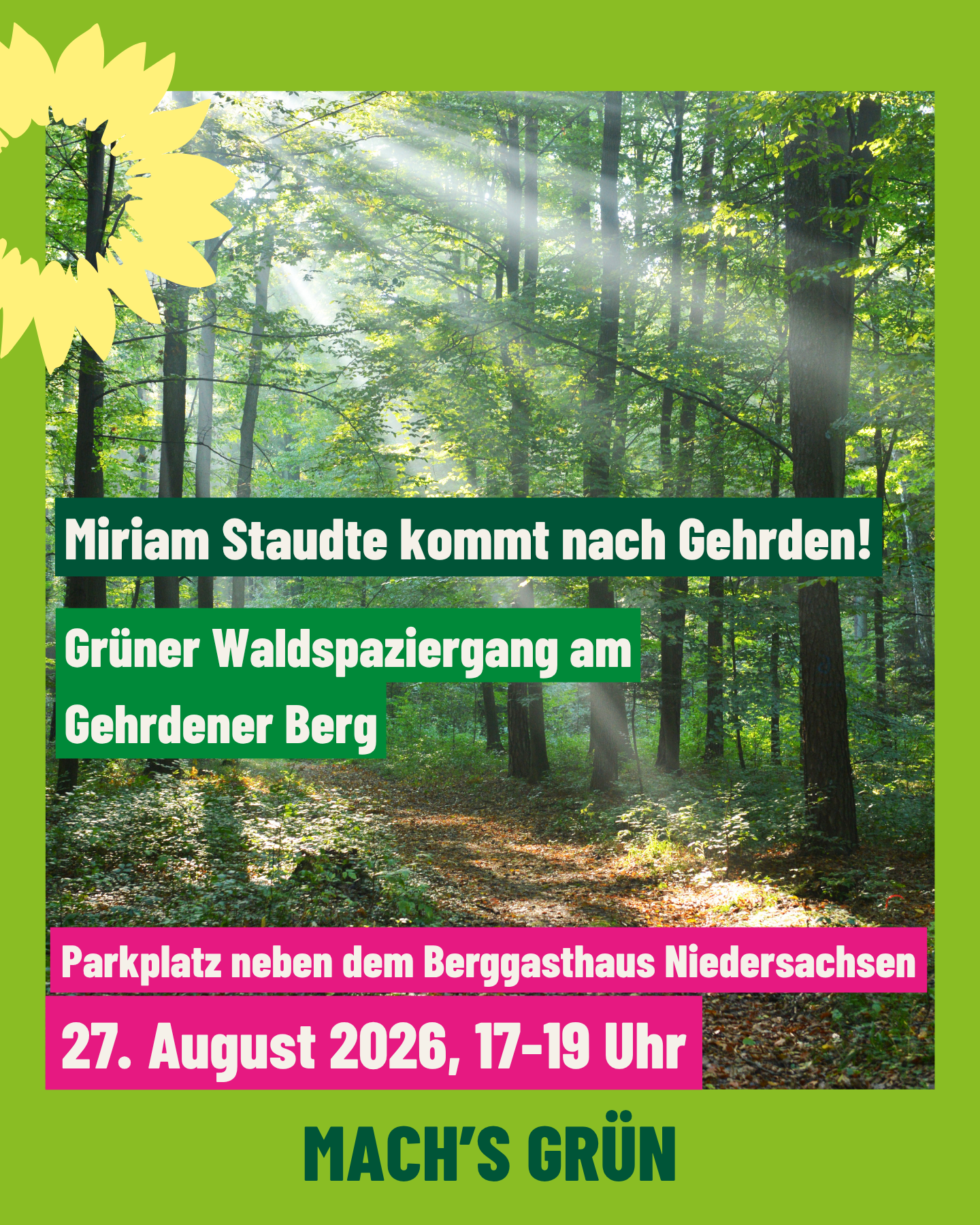 Im Zentrum steht eine Farbfotografie eines lichten Waldes mit hohen Bäumen, durch deren Blätter Sonnenstrahlen auf den moosbedeckten Waldboden fallen. Am oberen Rand ist eine stilisierte Sonnenblume als grafisches Element platziert. Mehrere Textblöcke in Weiß und Grün informieren über eine Veranstaltung: Miriam Staudte kommt nach Gehrden, Grüner Waldspaziergang am Gehrdener Berg. Ein pink hinterlegter Kasten hebt das Datum und die Uhrzeit hervor: 27. August 2026, 17–19 Uhr. Am unteren Rand steht auf grünem Hintergrund der Slogan 'MACH'S GRÜN'.